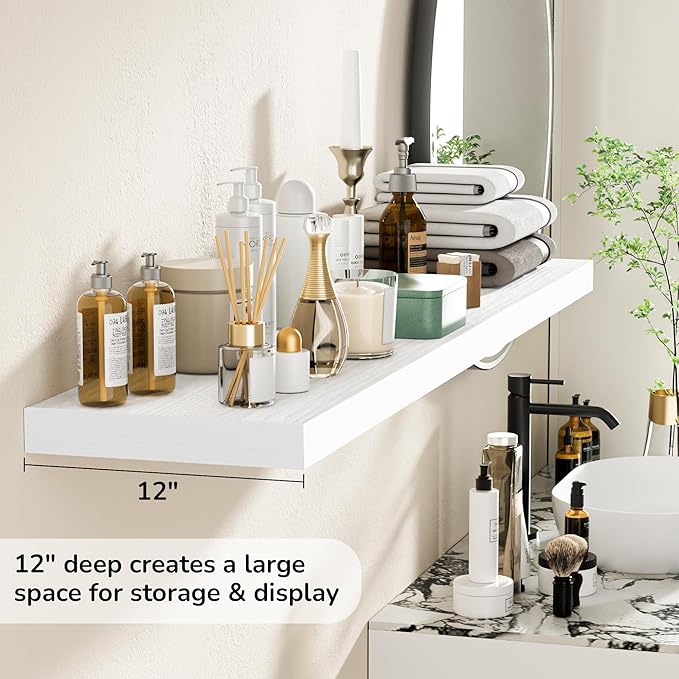 Fun Memories Floating Shelves - 12 Inch Rustic Wooden Wall Shelves - Extra Deeper & Thicker Wall Mounted Storage Shelf for Living Room, Kitchen, Farmhouse - 55" W x 12" D x 1.8" H - White-Ruum Studio Home