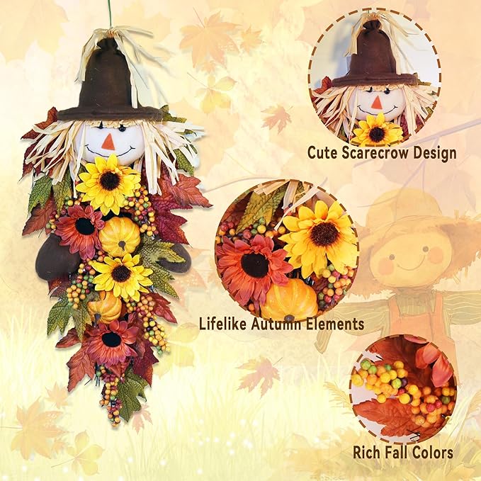24" Rustic Fall Scarecrow Teardrop Swag – Farmhouse Sunflower & Pumpkin Wreath – Autumn Harvest Hanging Decor for Front Door, Wall, Porch, Indoor/Outdoor-Ruum Studio Home
