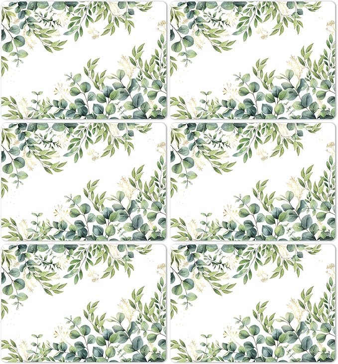 Eucalyptus Leaves Placemat Set of 6 Seasonal Summer Plastic Table Mats Spring Green Leaves Themed Place Mats Rustic Vintage Table Decoration for Indoor Outdoor Party Kitchen Dining-Ruum Studio Home