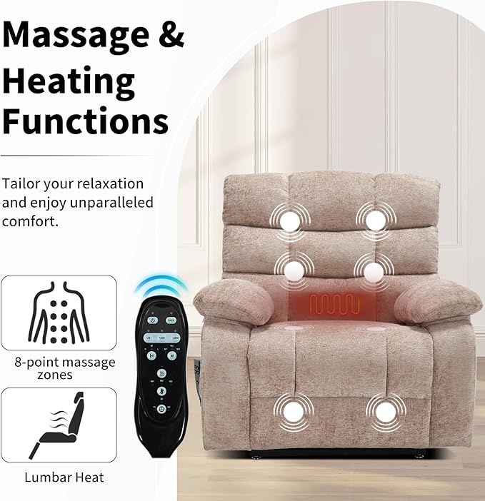 Lay Flat Recliner with Vibration Massage and Lumbar Heating, 26'' Wide Recliner Chair with Infinite Position and 2 Remote Controls, Soft Chenille Lift Recliner for Living Room, Khaki-Ruum Studio Home