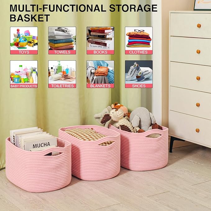 Storage Baskets for Organizing Shelves, Pink Basket for Nursery, Woven Cotton Rope Baskets for Storage, Towel Basket for Bathroom, 15"x11"x9.5", 3 Packs, Light Pink-Ruum Studio Home