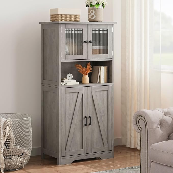 GarveeHome 54in Tall Bathroom Cabinet, Farmhouse Storage Cabinet with Glass Doors and Adjustable Shelves, Freestanding Kitchen Pantry Cabinets, Cupboard for Living Room, Dining Room, Gray-Ruum Studio Home