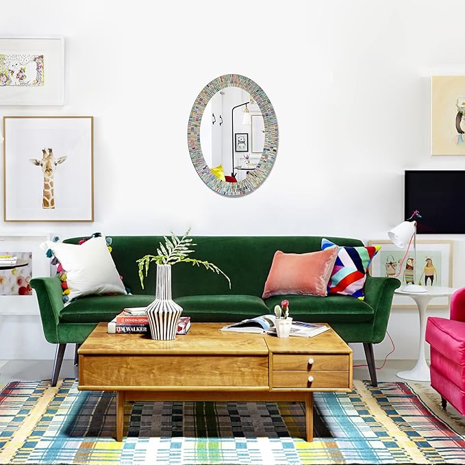 Bohemian Rainbow Wall Mirror -Glass Mosaic Decorative Wall Mirror, Multi Color Spectrum Wall Mountable, Oval Multi-Color Framed Mirror (32 in. x 24 in.)-Ruum Studio Home