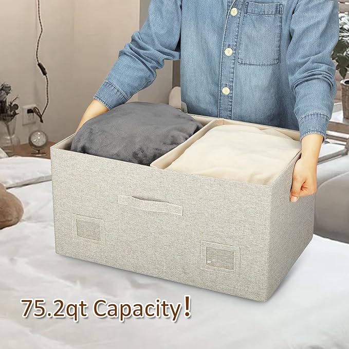 75 Quart Extra Large Decorative Collapsible Storage Bins with Lids, 1 Pack Beige Stackable Boxes-Ruum Studio Home