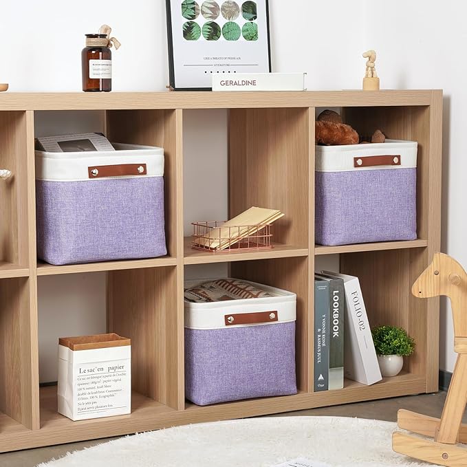 DULLEMELO Storage Baskets for Organizing, Shelves,Bedroom, Decorative Storage Bins with Leather Handles, Fabric Storage Basket for Office, Toys(3-Pack, White&Purple)-Ruum Studio Home