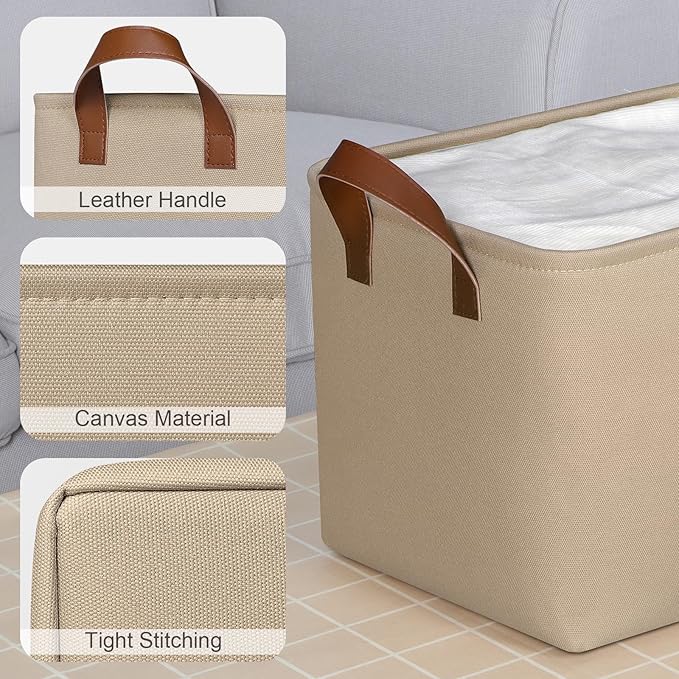 KEEGH Storage Baskets for Organizing, Fabric Storage Bins for Shelves with Leather Handle, Shelf Baskets for Closet Organization, 15" L x 11" W x 10" H, Brown, 4 Pack-Ruum Studio Home