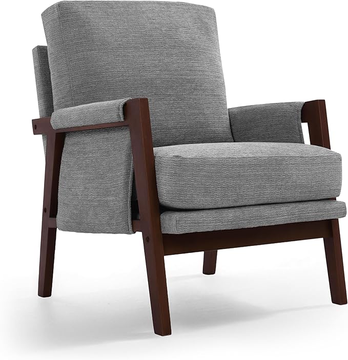 Modern Accent Chair for Living Room Mid Century Arm Chair Upholstered Bedroom Chair Comfy Lounge Chair with Solid Wood Frame, Grey-Ruum Studio Home