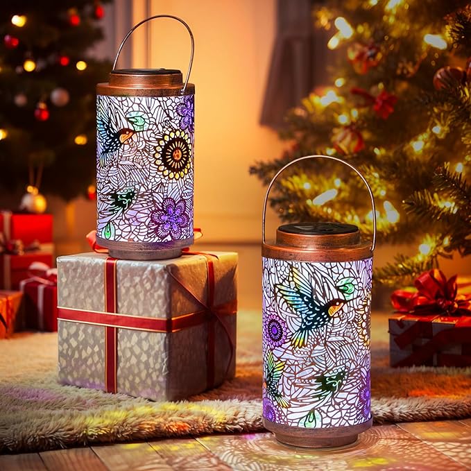 2Pack Solar Lanterns Outdoor Waterproof Hummingbird Colorful Garden Gifts for Mom, Multicolor Solar Lights Lantern for Backyard Garden, Pathway, Outside, Mothers' Day Gifts for Grandma Women-Ruum Studio Home