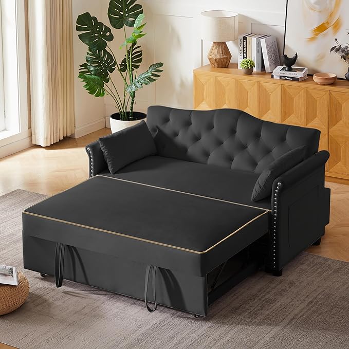 58" Velvet Sofa Bed, 3-in-1 Convertible Pull-Out Sleeper Sofa & Couch with Storage Bag and Adjustable Backrest,Perfect for Small Spaces, Living Room, or Office-Ruum Studio Home