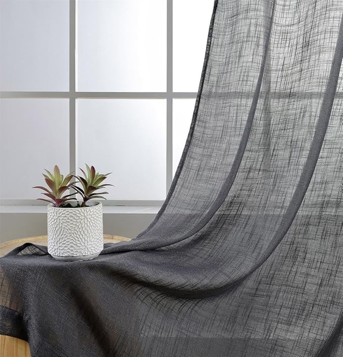 MIUCO Semi Sheer Curtains Poly Linen Textured Solid Grommet Curtains 95 Inches Long for Bedroom 2 Panels (2 x 37 Wide x 95" Long) Charcoal Grey-Ruum Studio Home