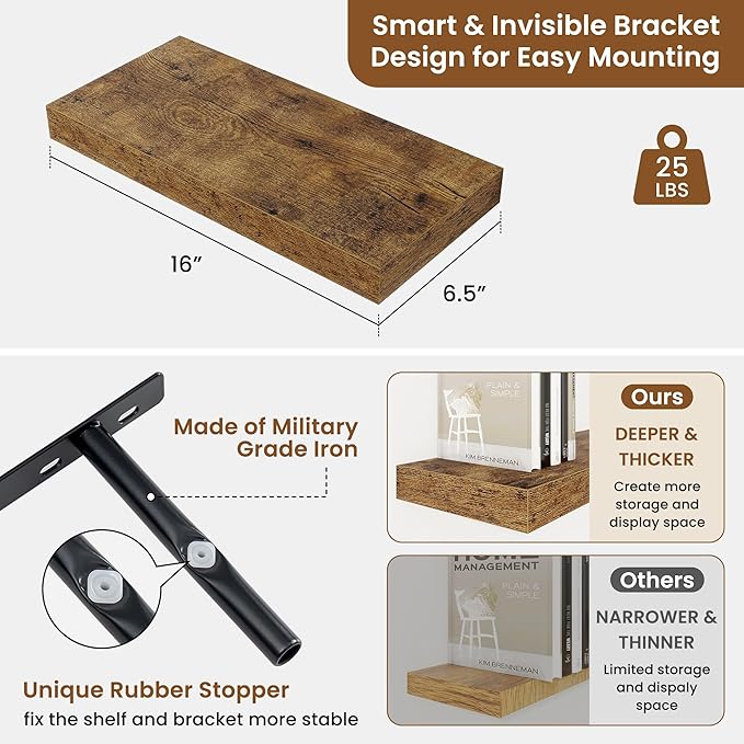 fuqing Floating Shelves for Wall, Bathroom Shelf Wall Mounted for Storage, Shelves with Invisible Bracket for Bedroom, Kitchen, Living Room, Farmhouse Small Book Shelf, 16 Inch Set of 2, Rustic Brown-Ruum Studio Home