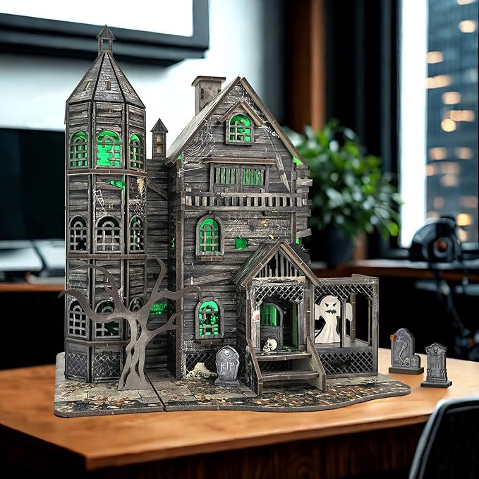 DIY Mini House Kit, Miniature Haunted House Kits with LED Accessories Furniture, 3D Wooden Puzzles for Adults, Dollhouse Craft Gifts for Girls, Boys, Teens-Ruum Studio Home