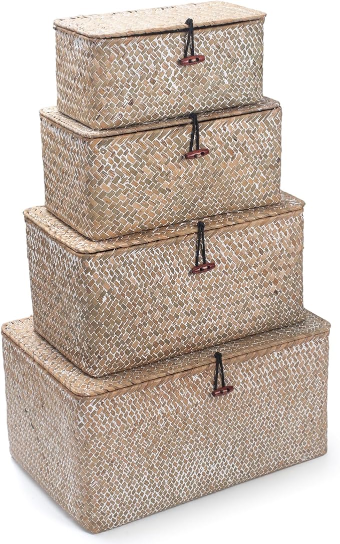 Wicker Basket with Lid, Seagrass Storage Basket, Woven Decorative Storage Baskets for Shelf Organizing, Whitewash-Ruum Studio Home