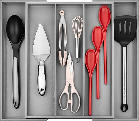 Purawood Kitchen Drawer Organizer - Expandable Utensil Drawer Organizer for Kitchen, Cutlery Tray & Silverware Organizer, 3-5 Slots - Bamboo Organizer for Utensils & Flatware (Grey)-Ruum Studio Home
