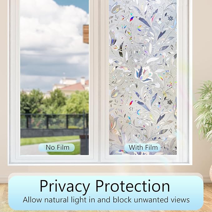 HIDBEA Window Privacy Film, 3D Stained Glass Static Cling - Sun Blocking Anti-UV Heat Control, Reusable Decorative Film for Home/Office Doors, Rainbow Tulip Design (35.4 in x 78.7 in)-Ruum Studio Home