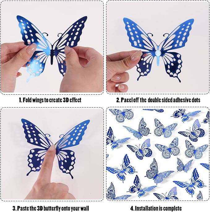 SAOROPEB Butterfly Wall Stickers, 48 Pcs 4 Styles 3 Sizes, Metallic Paper, Removable, Navy Blue, Art Deco Decor for Wall-Ruum Studio Home