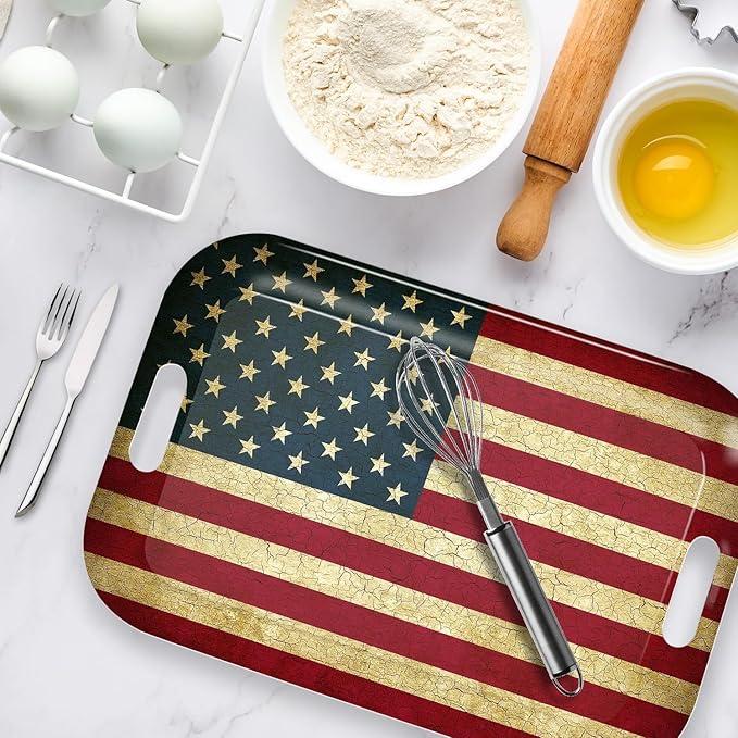 Serving Trays with Handles, 14.5 x 9.8 inch Rectangular Plastic Tray for Restaurant, Kitchen, Vintage United States of America Flag-Ruum Studio Home