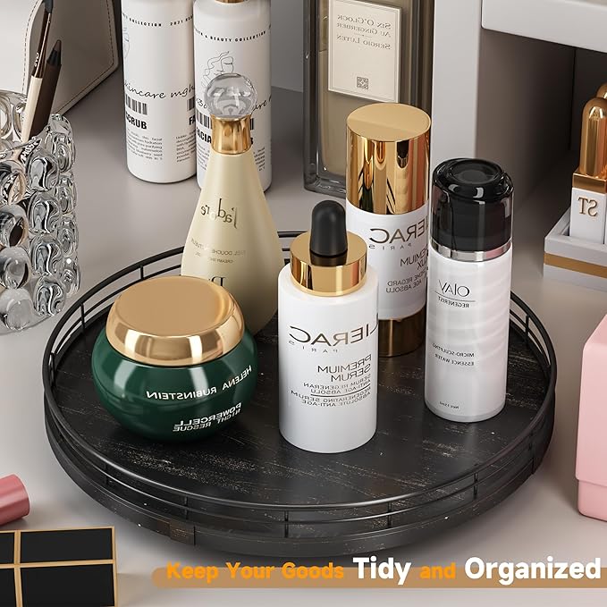12" Oak Bathroom Vanity Tray Turntable for Perfume Candle, Round Wooden Decorative Tray for Kitchen Sink Countertop Organizer, Bathroom Counter Organizer for Skincare Makeup, Farmhouse Black Gold-Ruum Studio Home