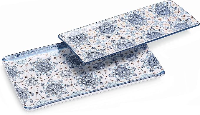 Bico Blue Talavera Ceramic 14 inch Rectangular Serving Platter, Set of 2, for Serving Salad, Pasta, Cheese, Ham, Appetizer, Microwave & Dishwasher Safe-Ruum Studio Home