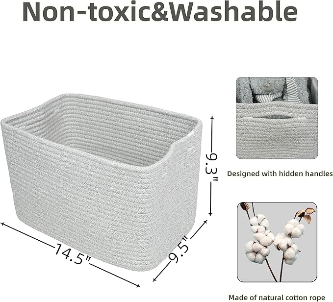 Cotton Rope storage Basket Bins Woven Basket for Organizing Shelves 14.5X9.5X9.3“ Rectangle Decorative Baskets For storage Clothes Toys Books Towels Square Wicker Nursery basket organizer 3 pack grey-Ruum Studio Home