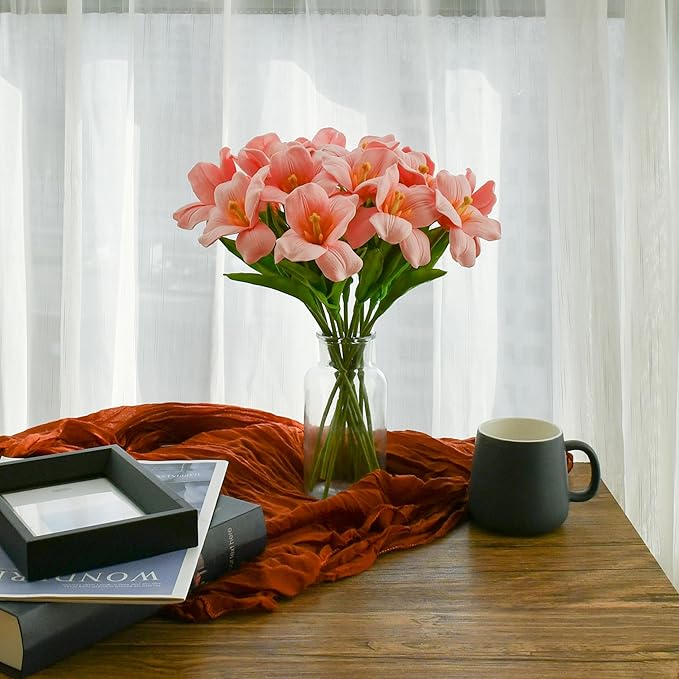 Mandy's Artificial Tulips 12 Stems Pink Fully Bloomed PU Faux Flowers for Wedding Home Decor 13.5 Inch-Ruum Studio Home