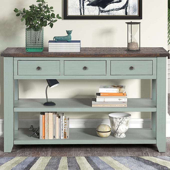 Farmhouse Wood Entryway Console Table 48-Inch Modern Sofa Entry Table with Drawers and Storage Shelves for Entrance Living Room (Green)-Ruum Studio Home