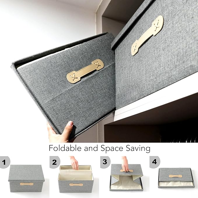 Enzk&Unity Decorative Storage Boxes with Lids, 3 Pack Grey Fabric Storage Bins with Handle, Foldbale and Stackable Storage Boxes for Shelf, Closet, Bedroom, Living Room-Ruum Studio Home