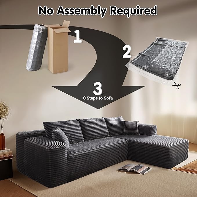 ovios 104" Cloud Sectional Couch with L-Shape Chaise,Modern Modular Sofa with Deep Seat, Upholstered Couches for Living Room Bedroom,No Assembly Required, Grey (Plush Corduroy Fabric)-Ruum Studio Home