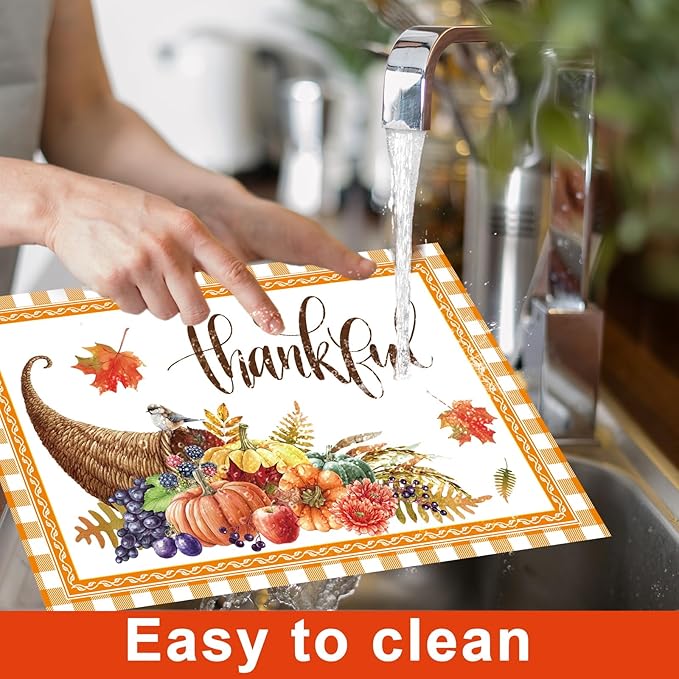 Thanksgiving Placemats Set of 6 Thanksgiving Day Plastic Table Mats Welcome Fall Place Mats Washable Vinyl Rustic Holiday Table Decoration for Indoor Outdoor Autumn Party Kitchen Dining-Ruum Studio Home