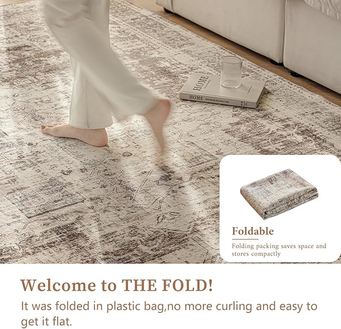 6'x9' Area Rug - Vintage Persian Medallion Design Low-Pile Faux Wool Rug, Non-Slip Backing, Machine Washable, for Living Room, Dining Room, Bedroom (Cream/Taupe)-Ruum Studio Home