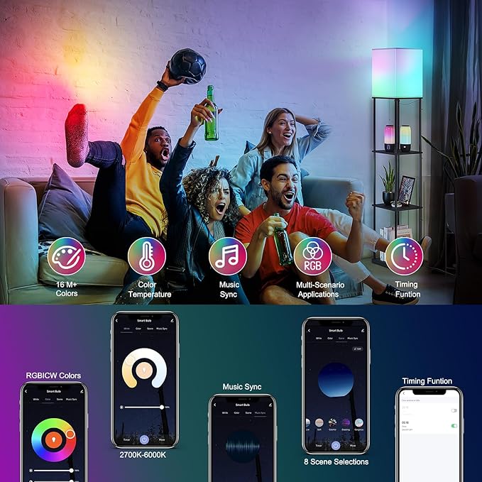 SUNMORY Floor Lamp with Shelves, Smart APP Control Standing Lamps with RGB Bulb, 4-Tier Dimmable Floor Lamps for Living Room, Tall Lamp for Bedroom, Office, Corner Display Bookshelf Lamp-Ruum Studio Home