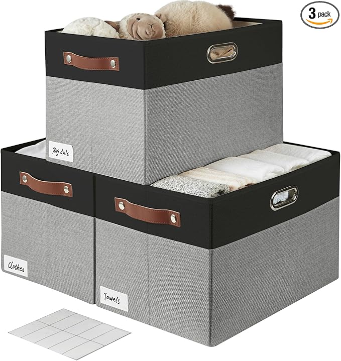 Large Collapsible Fabric Storage Bins with 3 Handles, Foldable Organizer Baskets for Closet, Shelves, Living Room | 3 Pack, Durable PU & Metal Handles (17"x11.8"x11.8", Black & Gray)-Ruum Studio Home