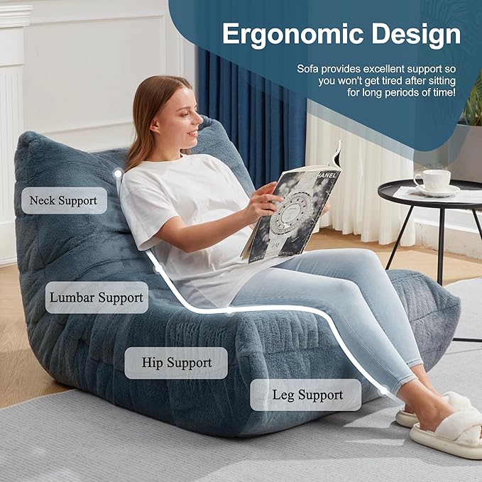 Bean Bag Chairs for Adults Giant Bean Bag Chair Memory Foam BeanBag Chair Big Bean Bag Sofa with Filler Faux Fur Fireside Beanbags Lazy Sofa for Living Room Bedroom Dorm Office (Bluegrey Plush)-Ruum Studio Home