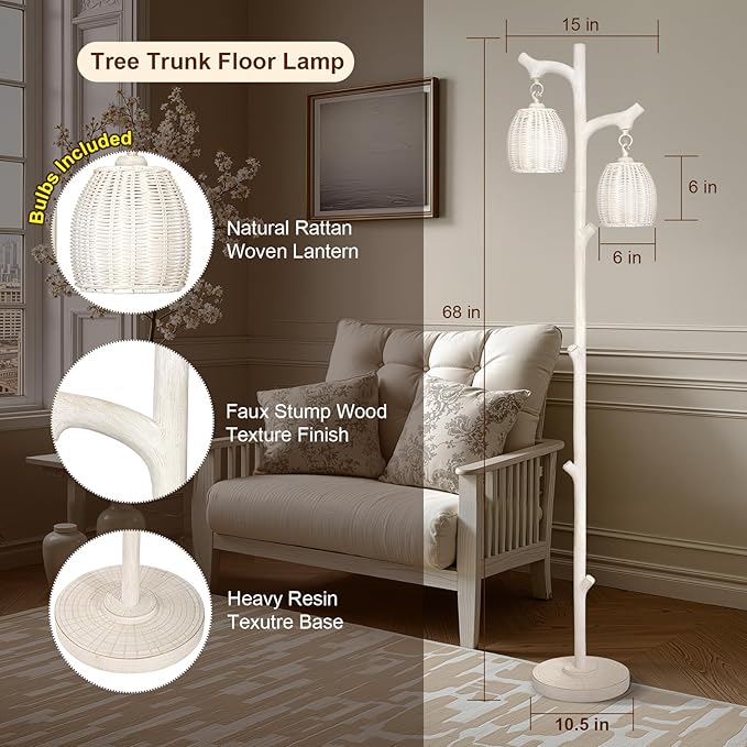 Scenekoy Rustic 68” Tall Floor Lamp with Rattan Shade, Retro Standing Lamp Tree Trunk Washed White Finish & Resin Body, Dimmable Corner Lamp with Bulb Prefer for Living Room Bedroom Home Decor-Ruum Studio Home