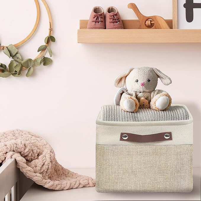 SIMPLE HOUSEWARE Large Fabric Storage Bin, 15" x 11" with Leather Like Handles, 3 Pack, Beige-Ruum Studio Home