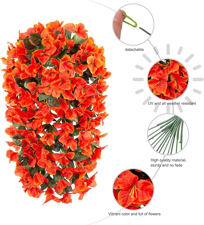 Artificial Bougainvillea Faux Flowers Plants for Outdoors Outside Fall Autumn Decor, 2 PCS Silk Trailing Vines UV Resistant Realistic Orange Fake Flowers for Planter Front Door Porch Patio Balcony-Ruum Studio Home