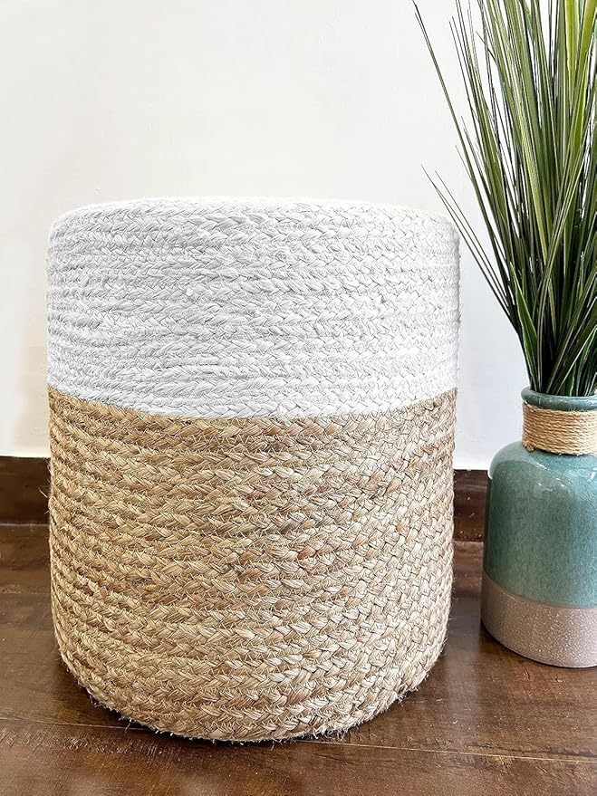 Jute Pouf Ottoman | Footrest Pouf | Hand Braided - Round Boho Pouffe - for Living Room, Bedroom, Nursery (16"x16"x16") Ivory-Ruum Studio Home