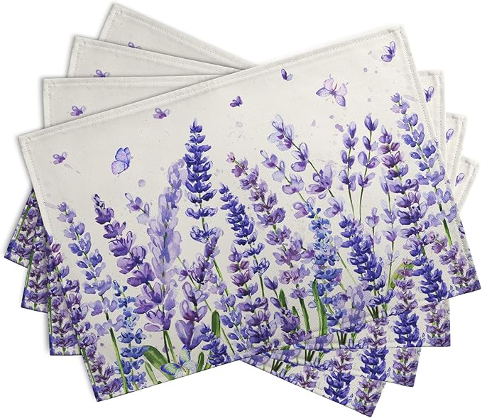 Lavender Placemats Set of 4 Purple Flower Butterfly Linen Fabric Table Mats Seasonal Spring Summer Rustic Floral Placemat Farmhouse Decorative Washable Place Mats for Home Kitchen Dining Table-Ruum Studio Home