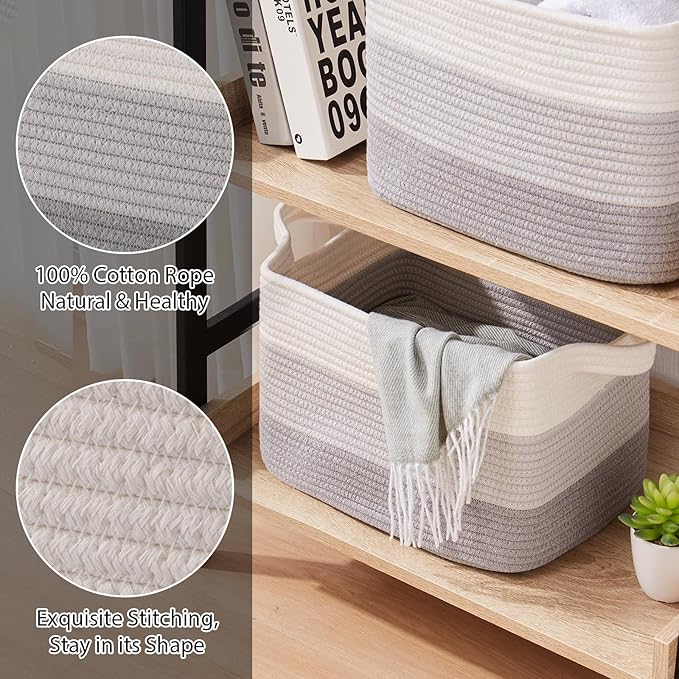 Storage Baskets for Organizing, Woven Baskets for Shelves, Rectangle Decorative Organizer for Storage Clothes, Toy, Books, Towels Nursery Bins 3 Pack (Gradient Grey)-Ruum Studio Home