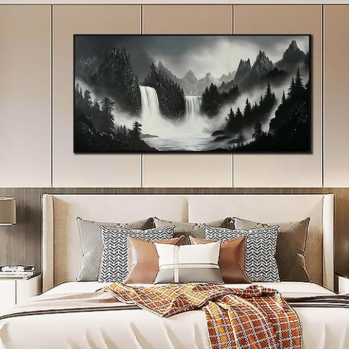 Hand Painted Mountains Painting for Living Room - Waterfall Canvas Wall Art for Office - Large Framed Wall Art Bedroom Size 29" x 59"-Ruum Studio Home