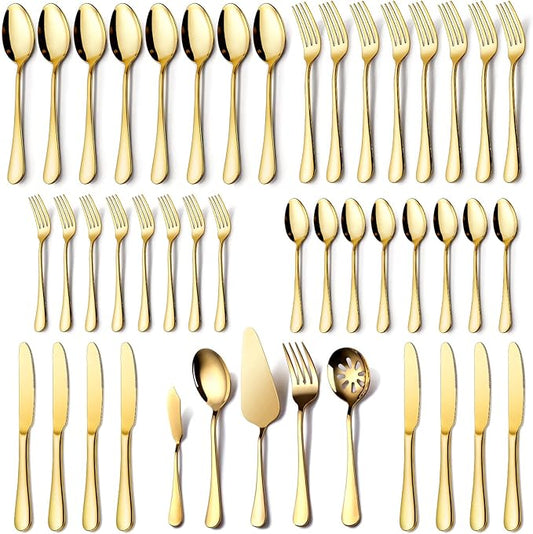 Gold Silverware Set for 8, OGORI 45-Piece Stainless Steel Flatware Set with Serving Set, Mirror Polished Cutlery Set with Serving Utensils Spoon for Kitchen Party Supply-Ruum Studio Home