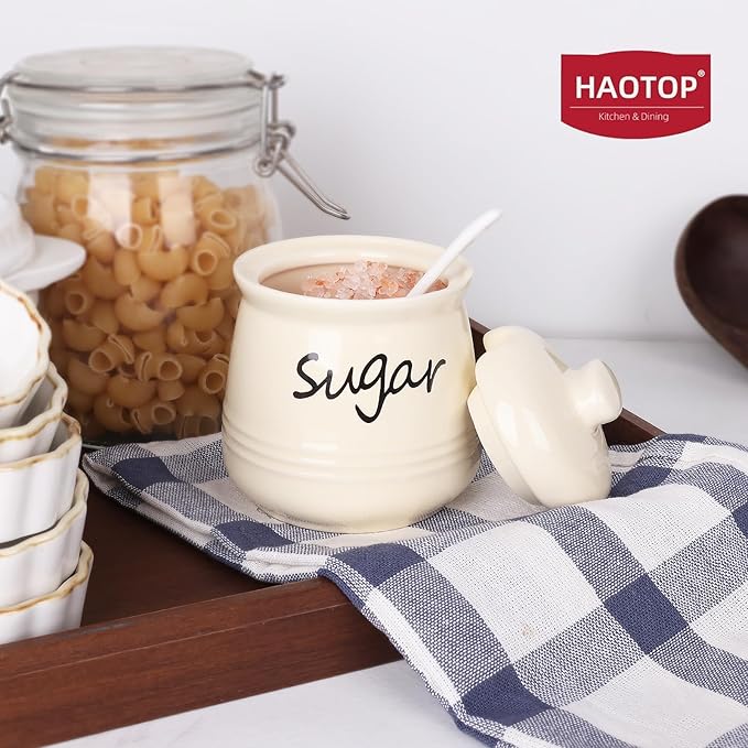 HAOTOP 12oz Sugar Bowl with Lid and Spoon,Ceramic Sugar Jar Sugar Dispenser Sugar Container Coffee Bar Accessories, Kitchen Countertop Canisters, Beige-Ruum Studio Home