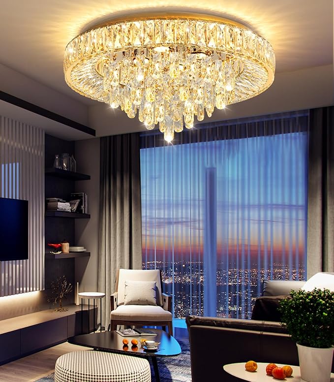 23.6'' Modern Crystal Chandeliers LED Dimmable Flush Mount Ceiling Chandeliers for Living Room Entrance Foyer Bedroom Gold-Ruum Studio Home