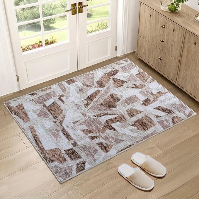 Modern Abstract Door Mat Indoor Entrance 2X3 Brown Rug Washable, Non-Slip Small Rugs for Entryway Bathroom Ultra-Thin, Throw Carpet for Kitchen Bedroom Nursery Kids Print Faux Wool-Ruum Studio Home