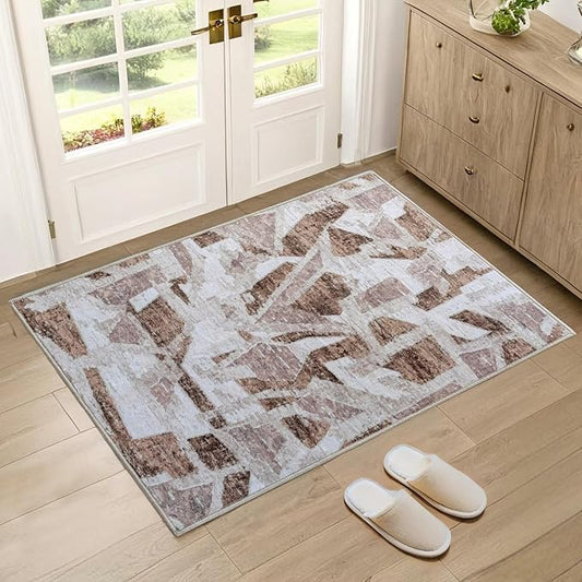 Modern Abstract Door Mat Indoor Entrance 2X3 Brown Rug Washable, Non-Slip Small Rugs for Entryway Bathroom Ultra-Thin, Throw Carpet for Kitchen Bedroom Nursery Kids Print Faux Wool-Ruum Studio Home