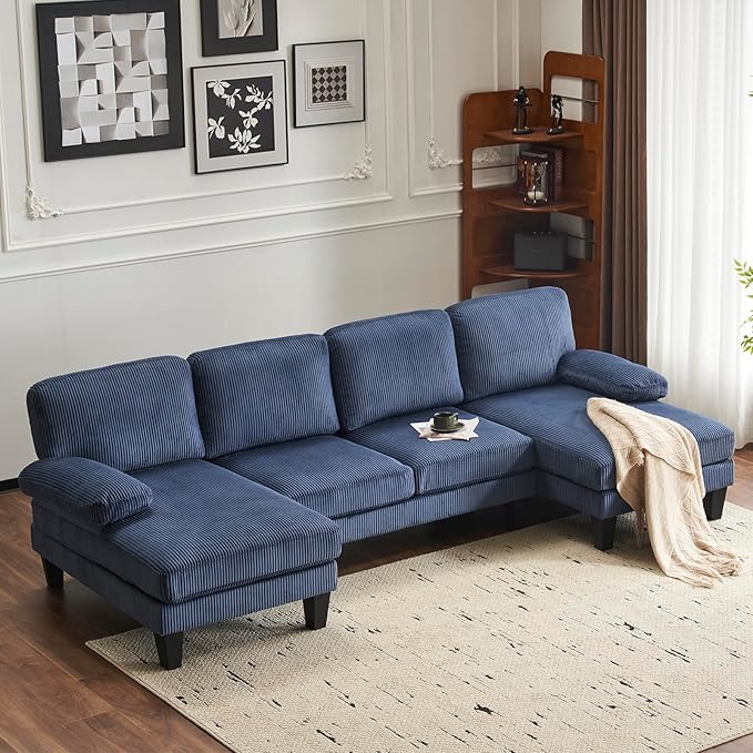 Karl home U-Shape Sectional Sofa Couch 111" Modern 4-Seat Sofa with Chaises Corduroy Fabric Upholstered Covertible Couch with Wood Grain Legs for Living Room, Reception Room, Apartment, Navy Blue-Ruum Studio Home