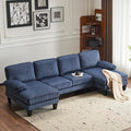 Karl home U-Shape Sectional Sofa Couch 111" Modern 4-Seat Sofa with Chaises Corduroy Fabric Upholstered Covertible Couch with Wood Grain Legs for Living Room, Reception Room, Apartment, Navy Blue-Ruum Studio Home