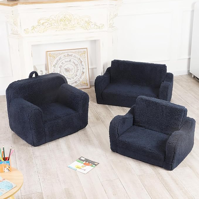 Kids Snuggly-Soft Sherpa Chair, Cuddly Toddler Foam Chair for Boys and Girls, Dark Blue-Ruum Studio Home