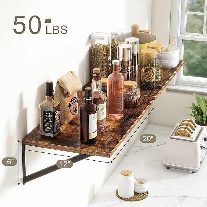 Fun Memories 20 Inch Floating Shelves, Deep Wall Shelves for Kitchen, 20 x 12 Floating Shelf for Living Room, Bedroom, Farmhouse Floating Shelves for Home Decor Storage, Rustic Brown, Set of 2-Ruum Studio Home