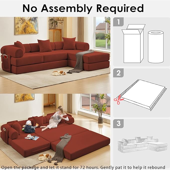 107" Oversized Convertible Sleeper Sofa Bed, Corduroy L Shape Sectional Couch, Folding Sofa Bed with Side Pocket, Modern Cloud Floor Mattress Couch, Modular Sofa for Living Room, Red-Ruum Studio Home